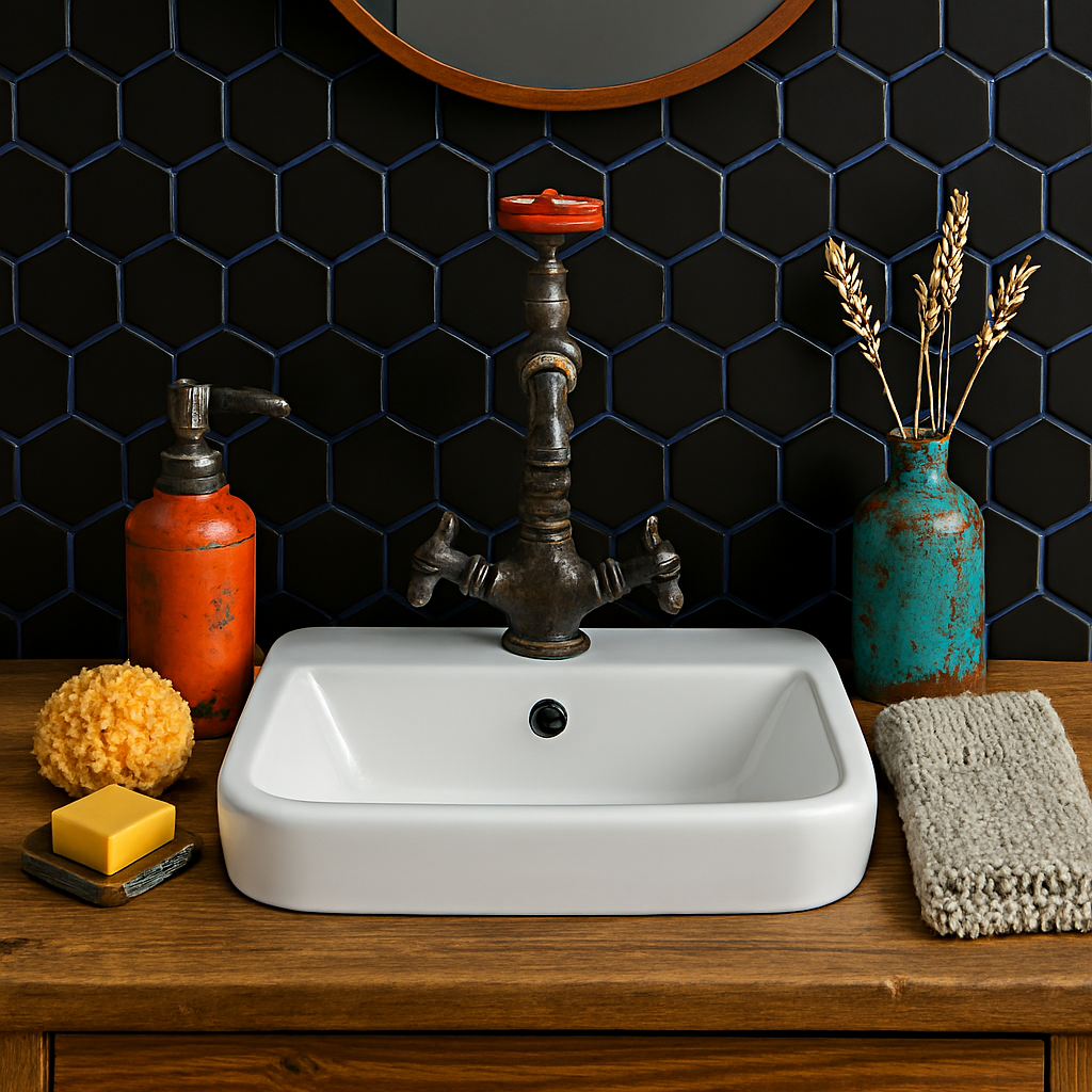 basin with black hexagonal mosaics, blue grout