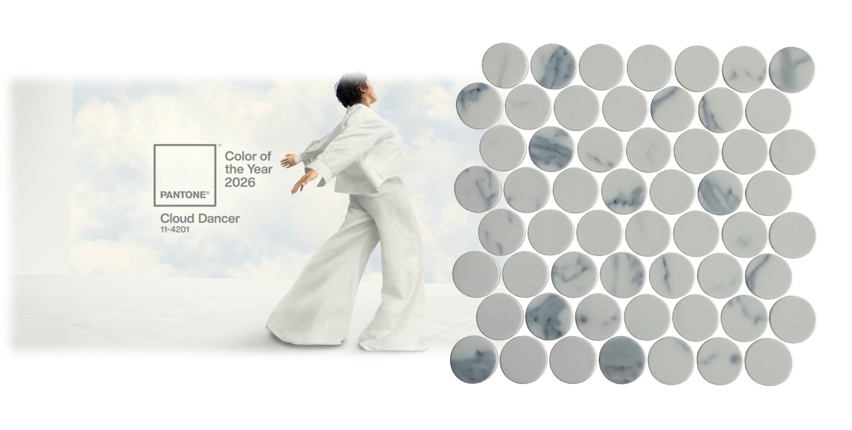 Colour Pantone cloud dancer match with Carrara mosaic